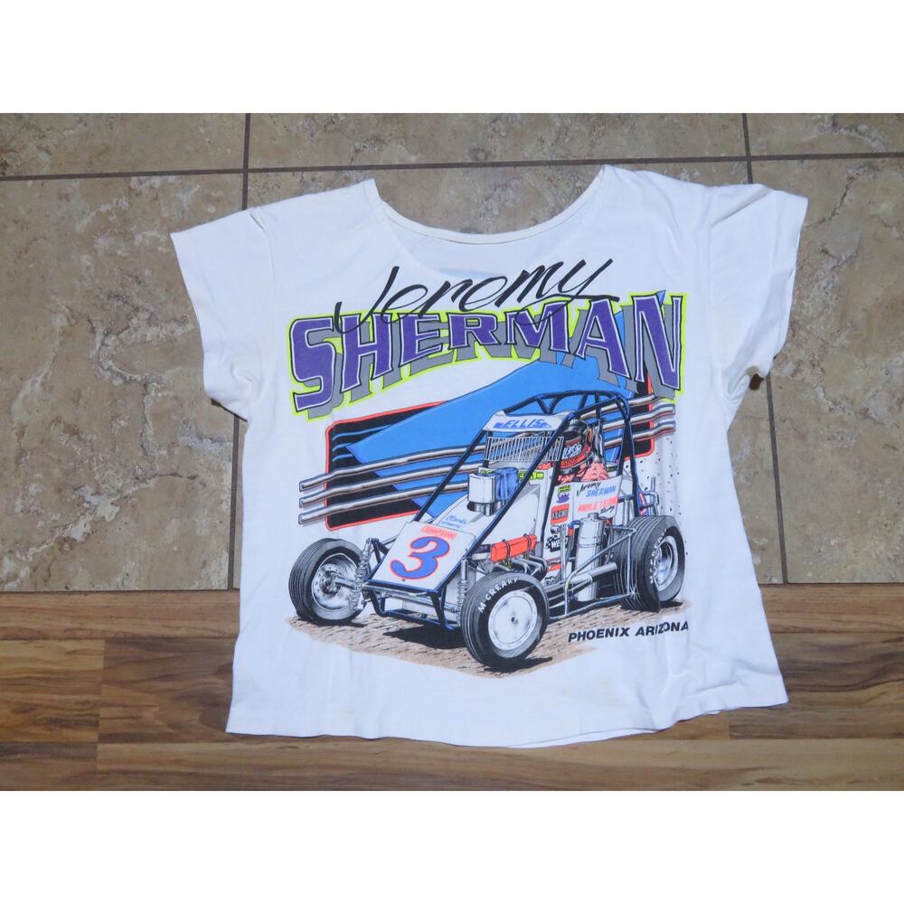 90s Jeremy Sherman Racing T-Shirt, Double-Sided Graphics, Altered Scoop Neck